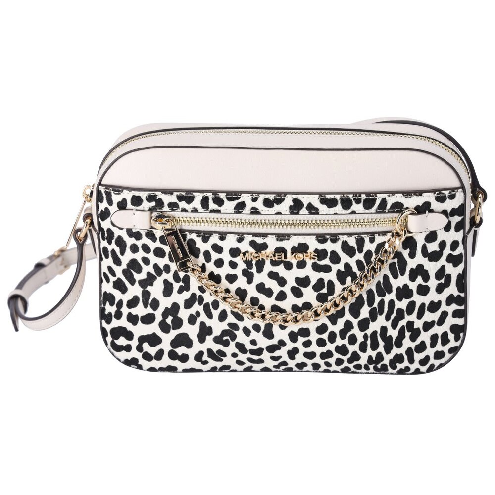 Michael Kors White and Black Leopard Print Crossbody Bag with Gold Chain